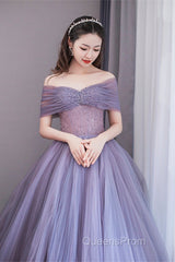 Purple Beaded Tulle Ball Gown Formal Dress, Off Shoulder Sweet 16 Formal Dress