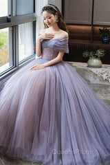 Purple Beaded Tulle Ball Gown Formal Dress, Off Shoulder Sweet 16 Formal Dress