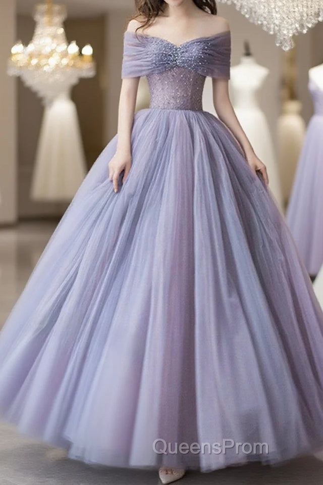 Purple Beaded Tulle Ball Gown Formal Dress, Off Shoulder Sweet 16 Formal Dress Main image