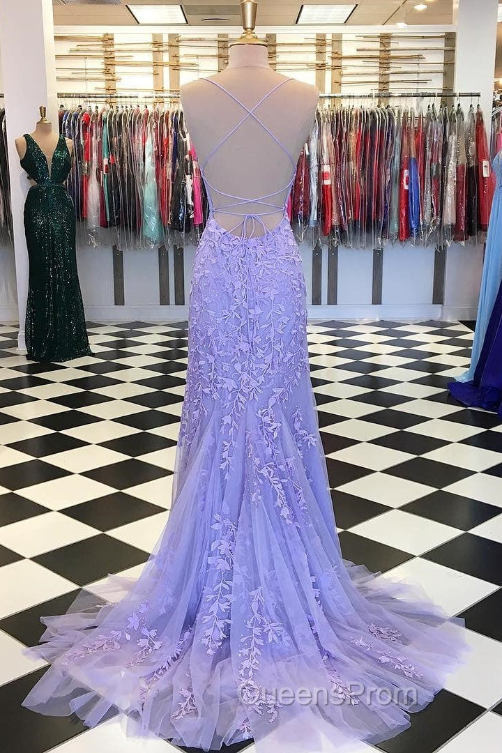 Purple/Blue Mermaid Backless Lace Evening Prom Dress, Purple/Blue Mermaid Backless Lace Formal Graduation Evening Dreses