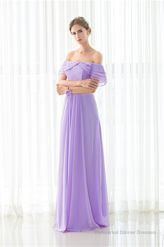 Purple Chiffon Off The Shoulder Long Bridesmaid Dresses