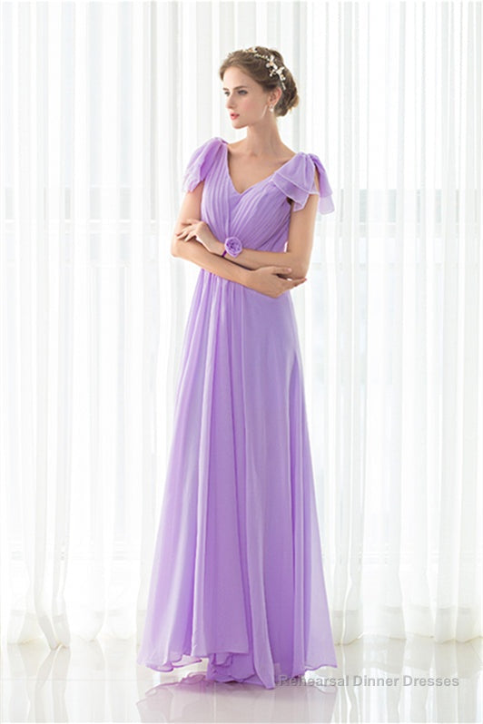 Purple Chiffon V-neck Backless Pleats Long Bridesmaid Dresses Main image