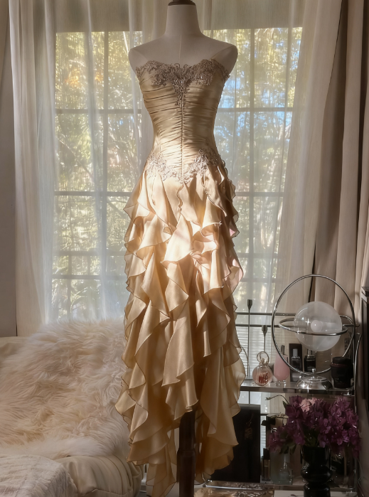 Purple ??Elegant Strapless Chiffon Applique Long Tiered Classy Prom Dress Backless Party Dress