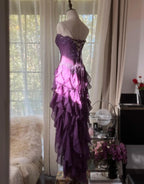 Purple ??Elegant Strapless Chiffon Applique Long Tiered Classy Prom Dress Backless Party Dress