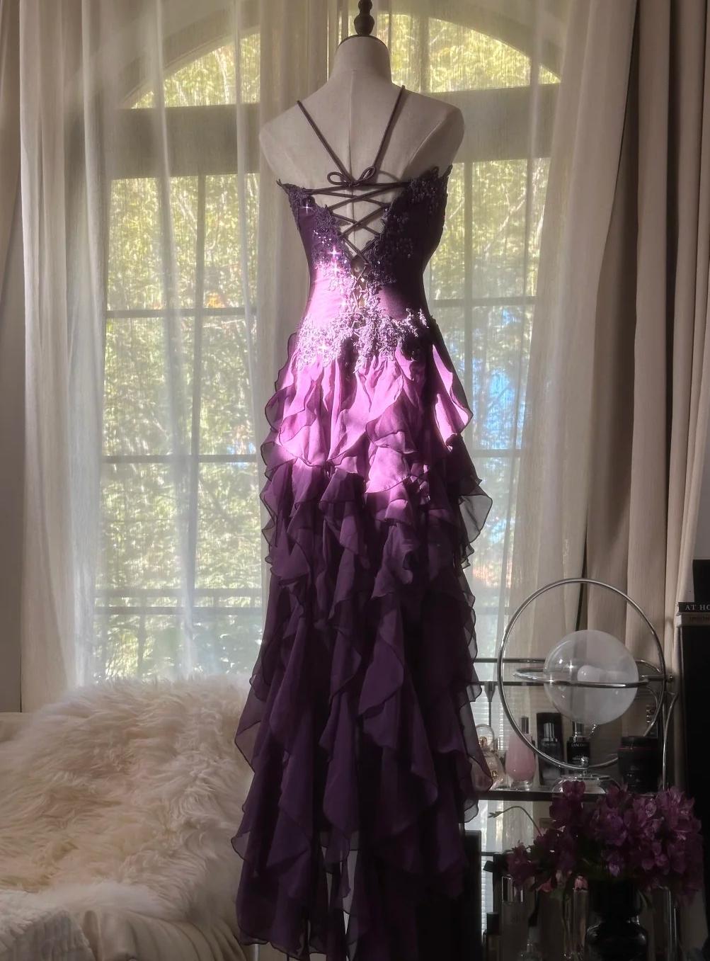 Purple ??Elegant Strapless Chiffon Applique Long Tiered Classy Prom Dress Backless Party Dress