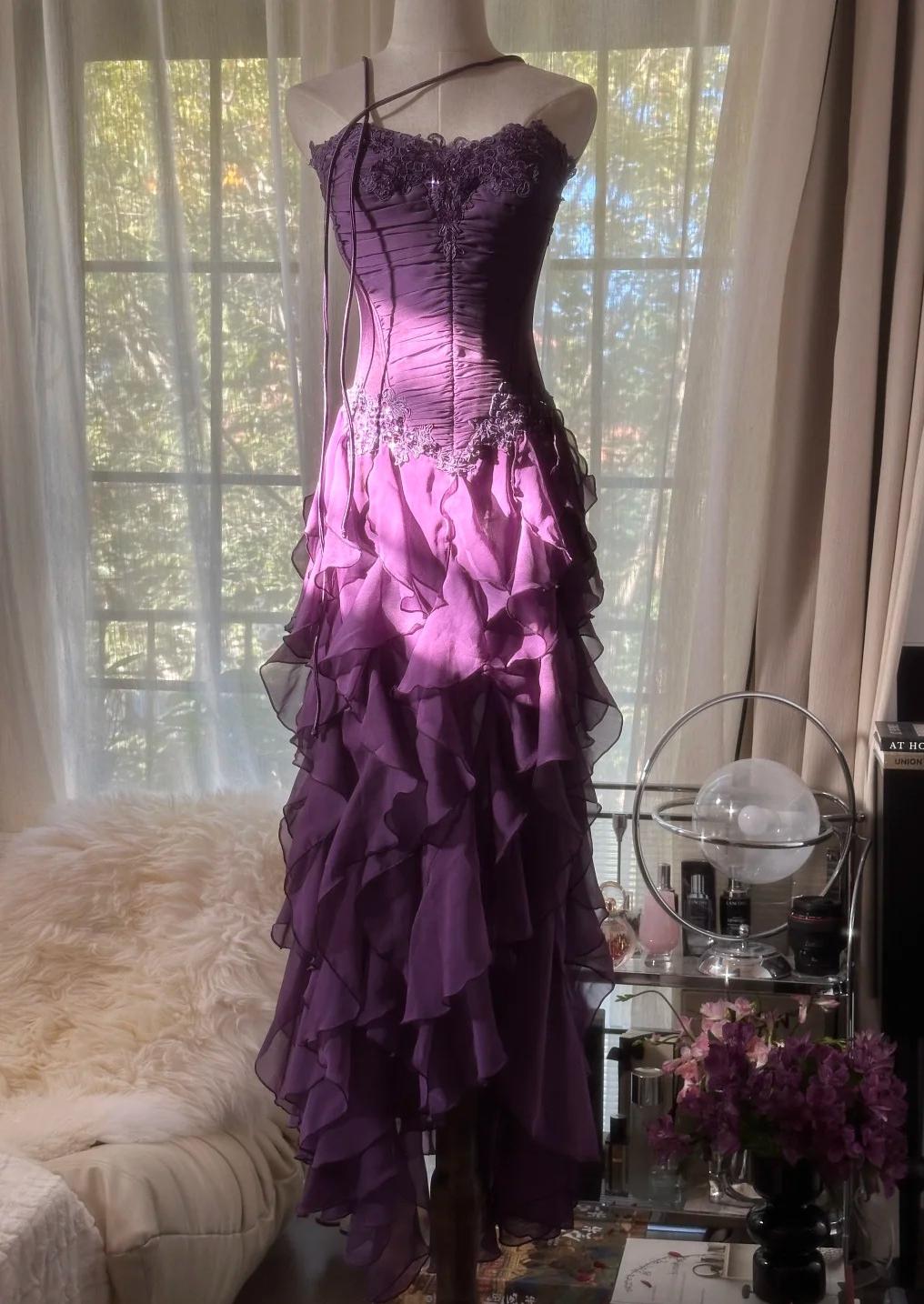 Purple ??Elegant Strapless Chiffon Applique Long Tiered Classy Prom Dress Backless Party Dress