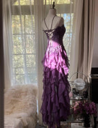 Purple ??Elegant Strapless Chiffon Applique Long Tiered Classy Prom Dress Backless Party Dress