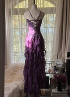 Purple ??Elegant Strapless Chiffon Applique Long Tiered Classy Prom Dress Backless Party Dress