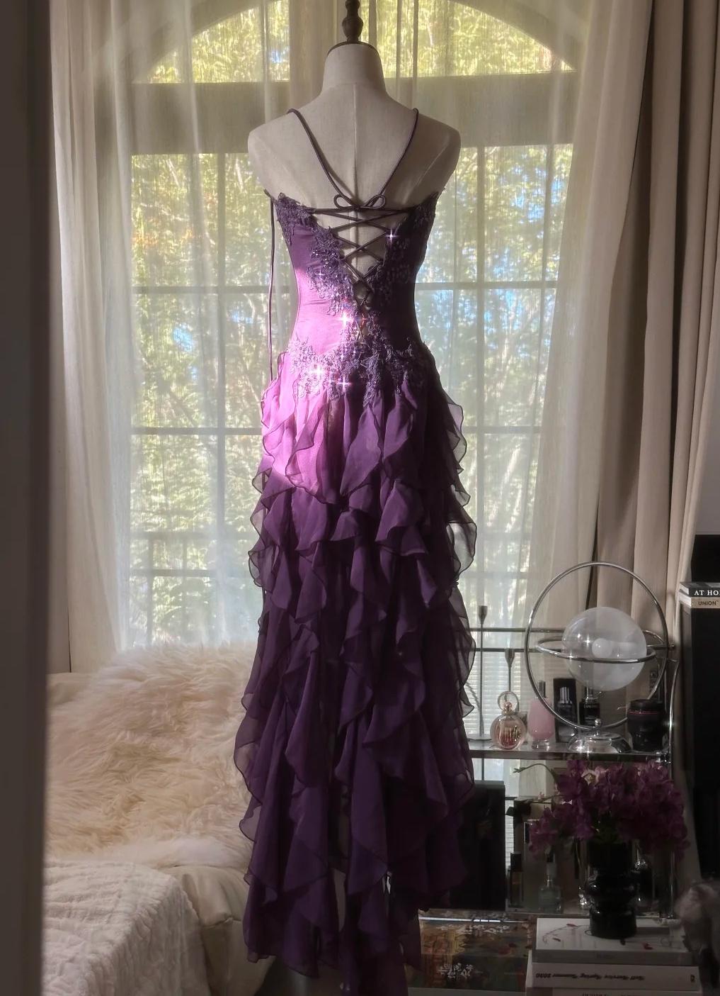 Purple ??Elegant Strapless Chiffon Applique Long Tiered Classy Prom Dress Backless Party Dress