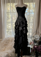 Purple ??Elegant Strapless Chiffon Applique Long Tiered Classy Prom Dress Backless Party Dress