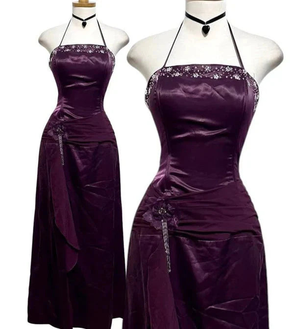 Purple Fashion Elegant Vintage Backless Exquisite Beaded Halter Classy Prom Party Dress Long Satin Classy Evening Dress Ball Gown Secondary image