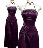 Purple Fashion Elegant Vintage Backless Exquisite Beaded Halter Classy Prom Party Dress Long Satin Classy Evening Dress Ball Gown