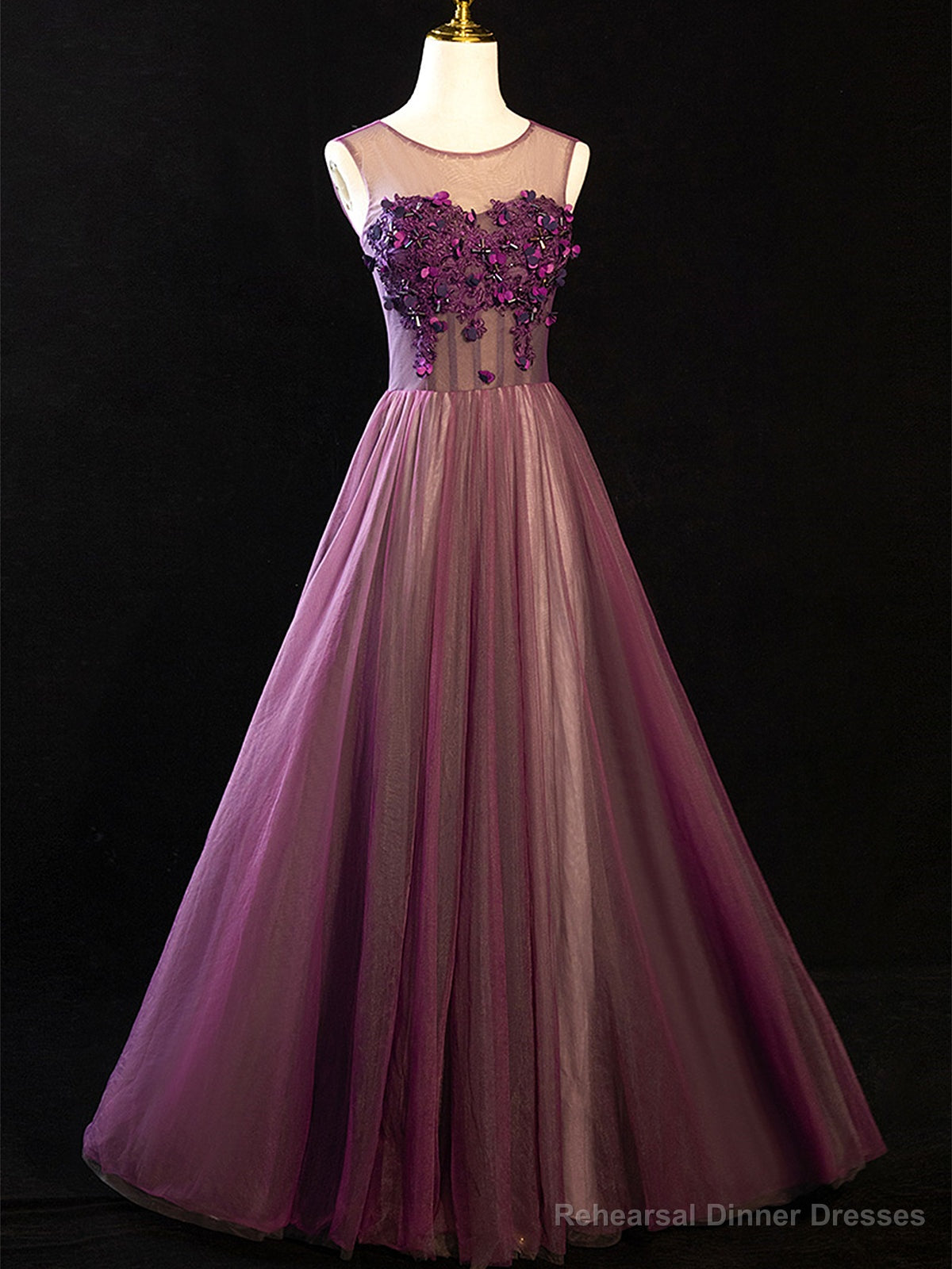Purple Floral Long Lace Prom Dresses, Purple Floral Long Lace Formal Evening Dresses