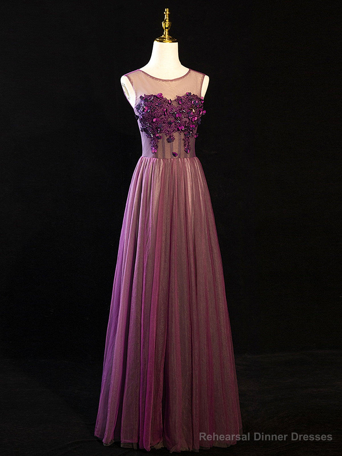 Purple Floral Long Lace Prom Dresses, Purple Floral Long Lace Formal Evening Dresses Secondary image