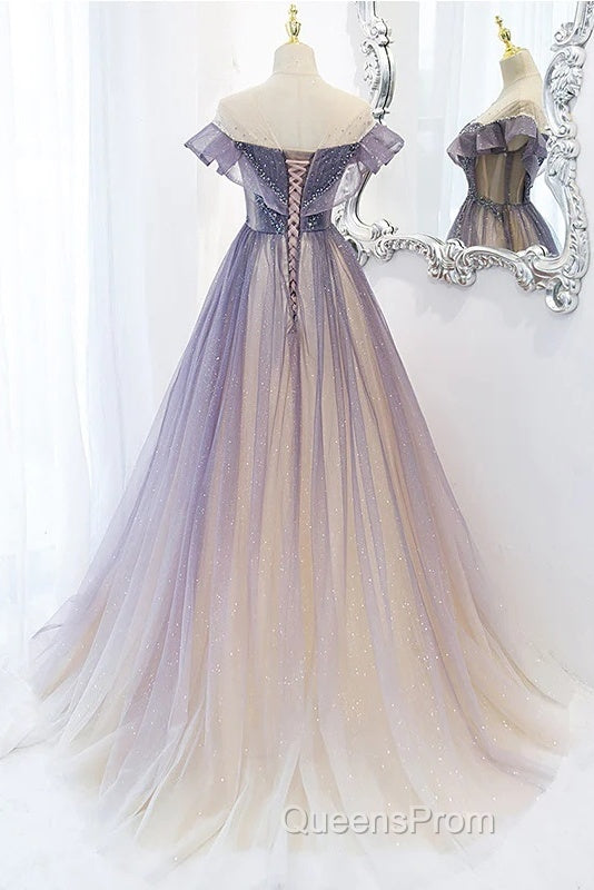 Purple Gradient A-Line Beaded Tulle Long Evening Prom Dress, Floor Length Purple Evening Dress