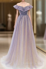 Purple Gradient A-Line Beaded Tulle Long Evening Prom Dress, Floor Length Purple Evening Dress