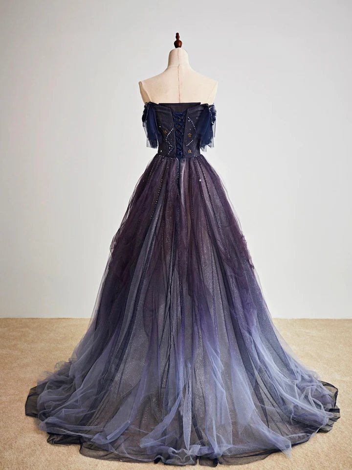 Purple Gradient Off Shoulder Beaded Sweetheart Classy Prom Dress, Purple Long Tulle Classy Dress Secondary image