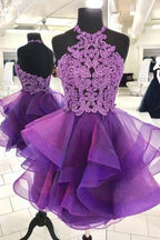 Purple Halter Asymmetrical Short Homecoming Dress with Beading Mini Cocktail Dress