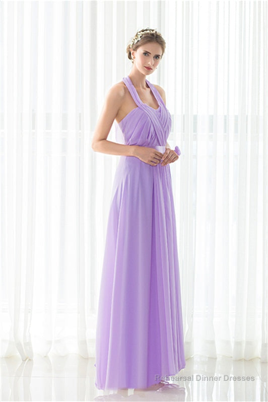 Purple Halter Chiffon Backless Pleats Long Bridesmaid Dresses Main image