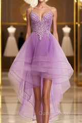 Purple High Low Lace Evening Prom Dress, Light Purple High Low Lace Formal Homecoming Dress