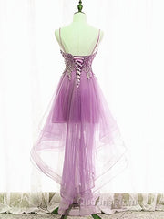 Purple High Low Lace Evening Prom Dress, Light Purple High Low Lace Formal Homecoming Dress