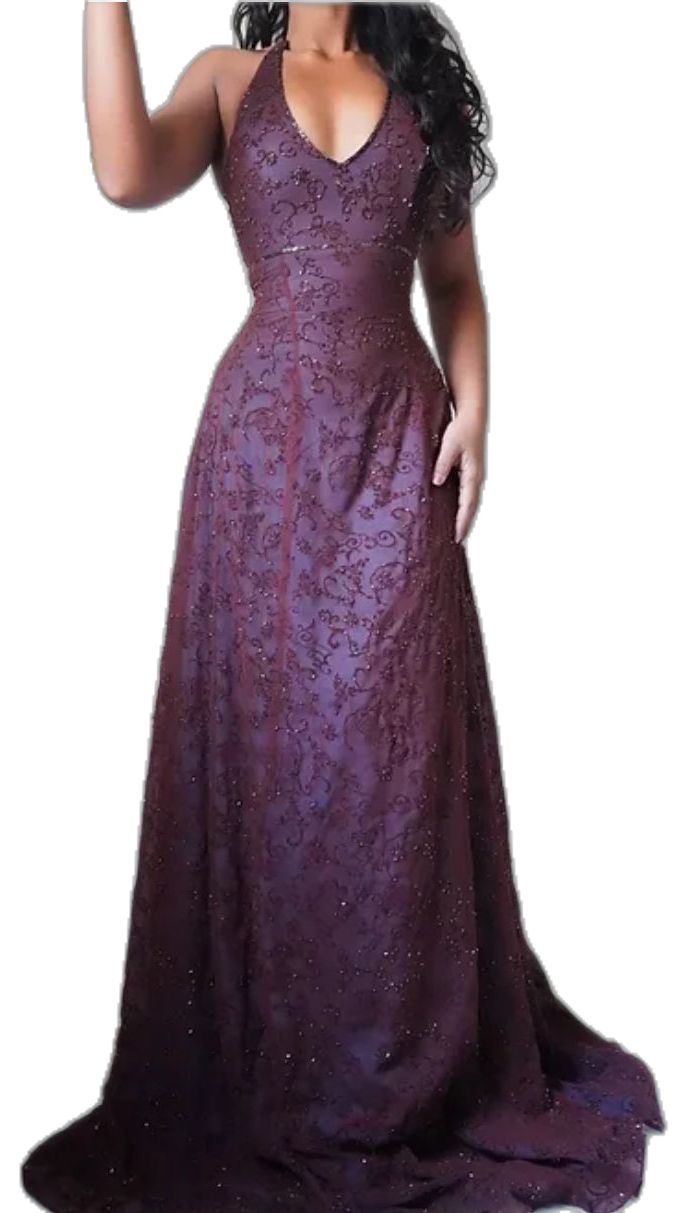 Purple Lace Halter Classy Prom Dress Long Classy Evening Party Dress,