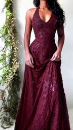 Purple Lace Halter Classy Prom Dress Long Classy Evening Party Dress,