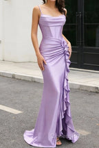 Purple Mermaid Corset Ruched Long Prom Dress with Ruffled Slit