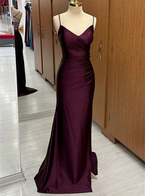 Purple Mermaid Satin Spaghetti Straps Pleats Classy Prom Dress For Women