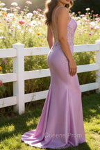 Purple Mermaid Spaghetti Straps Corset Long Prom Dress with Slit