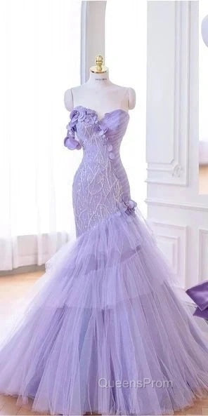 Purple Mermaid Sweetheart Neck Tulle Beaded Long Evening Prom Dress Strapless Sequin Applique Wedding Dress Secondary image