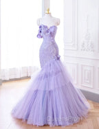 Purple Mermaid Sweetheart Neck Tulle Beaded Long Evening Prom Dress Strapless Sequin Applique Wedding Dress