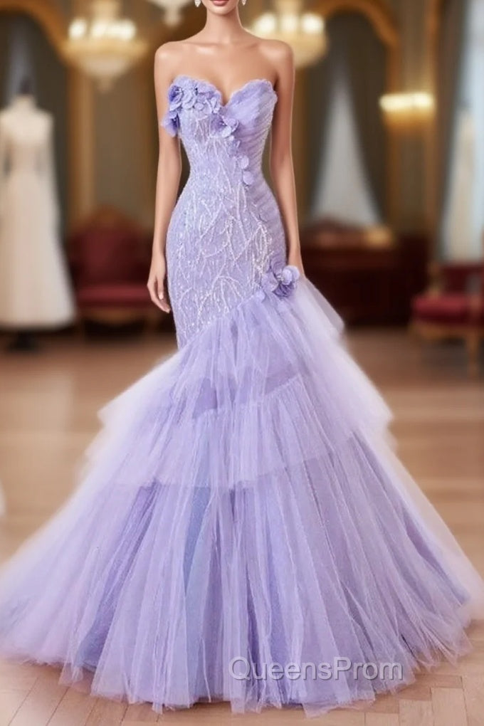 Purple Mermaid Sweetheart Neck Tulle Beaded Long Evening Prom Dress Strapless Sequin Applique Wedding Dress Main image