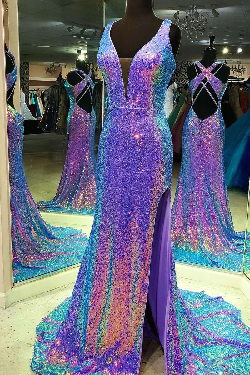 Purple Multi Sequins V-Neck Cross Back Long Classy Dress Main image