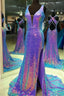 Purple Multi Sequins V-Neck Cross Back Long Classy Dress