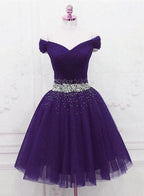 Purple Off Shoulder Knee Length Beaded Tulle Homecoming Dress, Sweetheart Short Classy Prom Dress