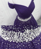 Purple Off Shoulder Knee Length Beaded Tulle Homecoming Dress, Sweetheart Short Classy Prom Dress