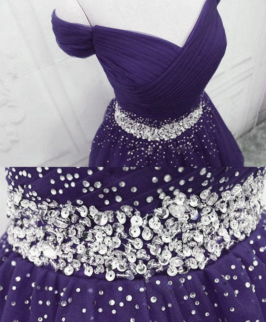 Purple Off Shoulder Knee Length Beaded Tulle Homecoming Dress, Sweetheart Short Classy Prom Dress