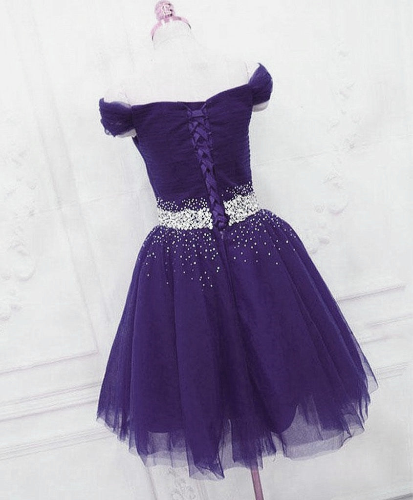 Purple Off Shoulder Knee Length Beaded Tulle Homecoming Dress, Sweetheart Short Classy Prom Dress