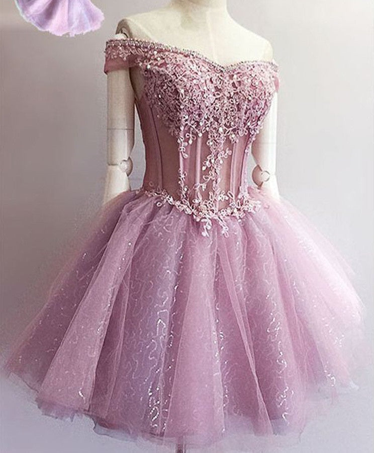 Purple off shoulder see through charming unique style homecoming Dress Main image