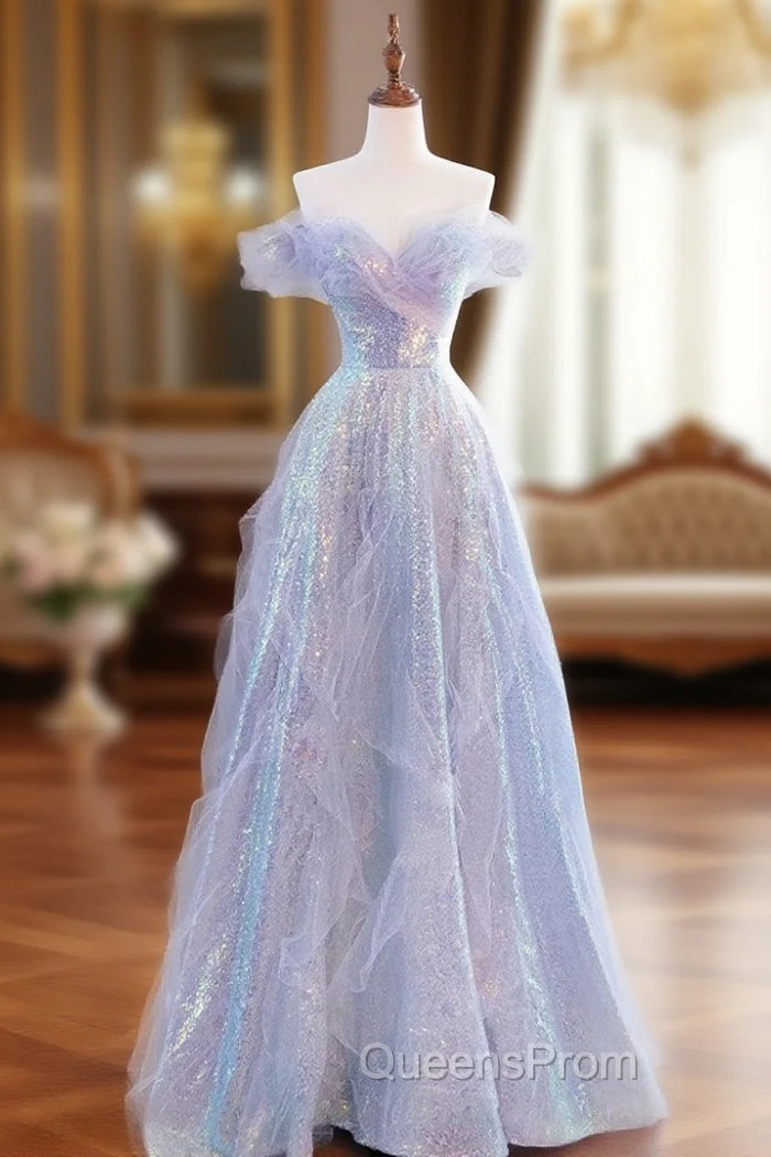 Purple Off Shoulder Sequin Tulle Long Evening Prom Dress, Purple Evening Dress