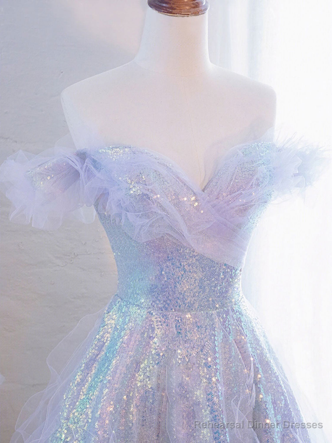 Purple Off Shoulder Tulle Sequin Long Prom Dress, Purple Formal Dress Secondary image