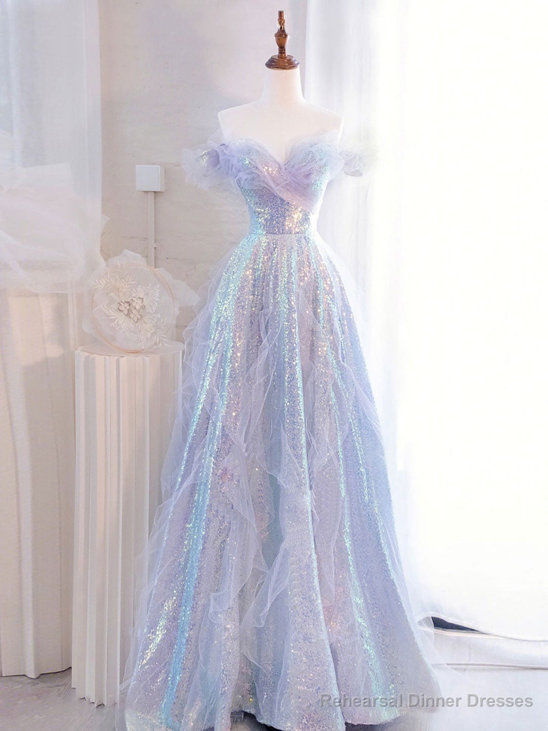 Purple Off Shoulder Tulle Sequin Long Prom Dress, Purple Formal Dress Main image