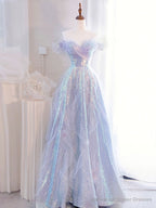 Purple Off Shoulder Tulle Sequin Long Prom Dress, Purple Formal Dress
