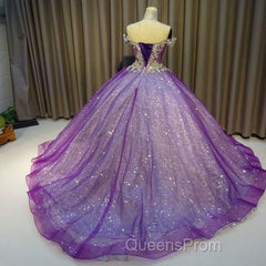 Purple Off The Shoulder Ball Gown , Bling Bling Evening Prom Dress