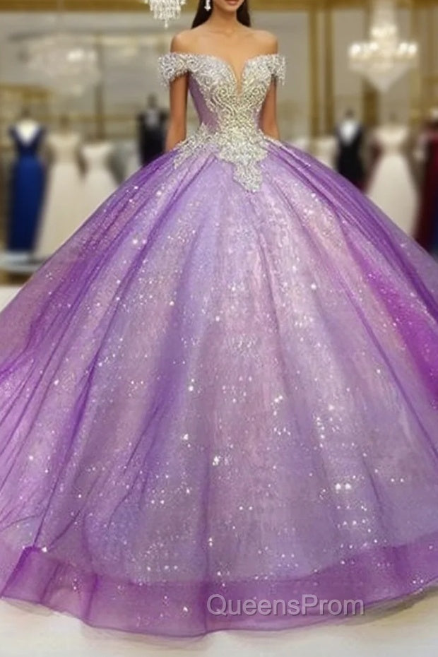 Purple Off The Shoulder Ball Gown , Bling Bling Evening Prom Dress