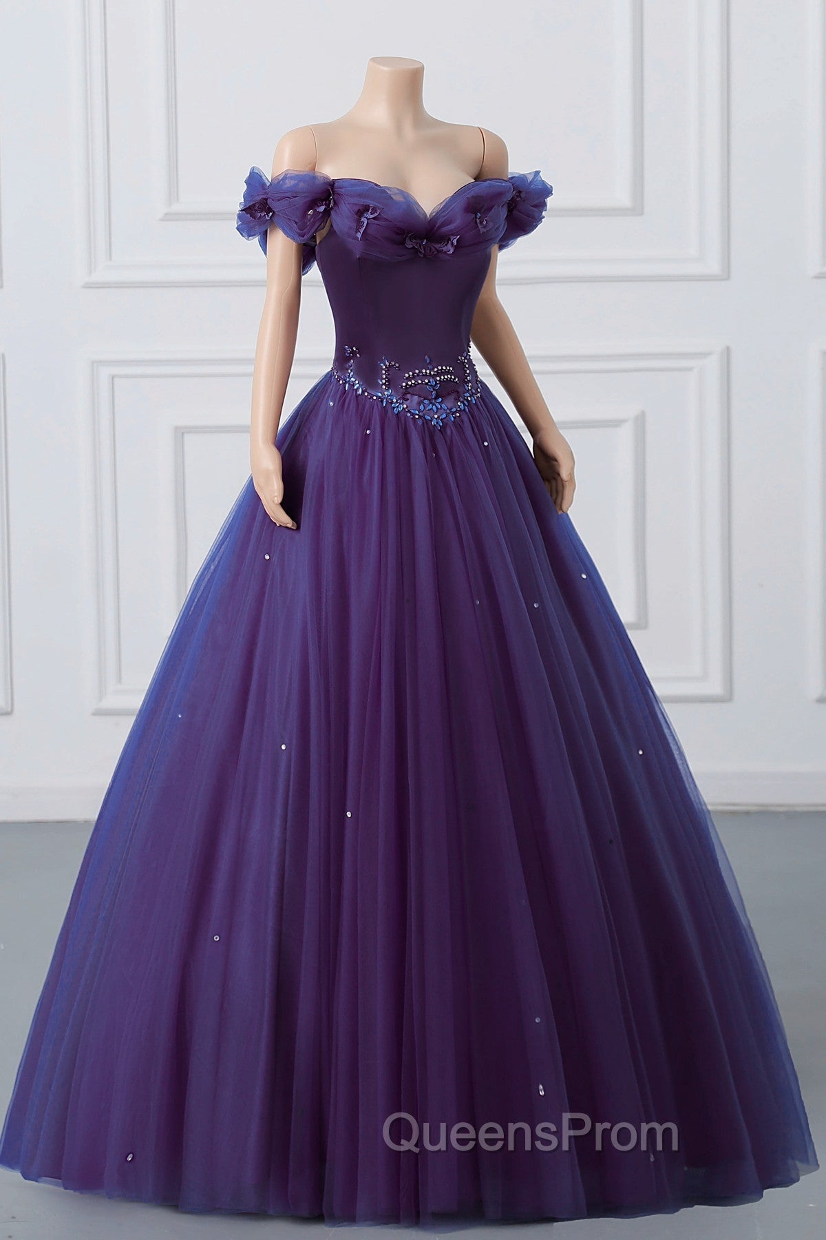 Purple Off-The-Shoulder Sweetheart Party Dress, Beaded Flowers Ball Gown Tulle Evening Prom Dress Secondary image