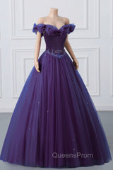 Purple Off-The-Shoulder Sweetheart Party Dress, Beaded Flowers Ball Gown Tulle Evening Prom Dress