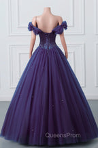 Purple Off-The-Shoulder Sweetheart Party Dress, Beaded Flowers Ball Gown Tulle Evening Prom Dress