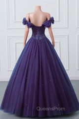 Purple Off-The-Shoulder Sweetheart Party Dress, Beaded Flowers Ball Gown Tulle Evening Prom Dress